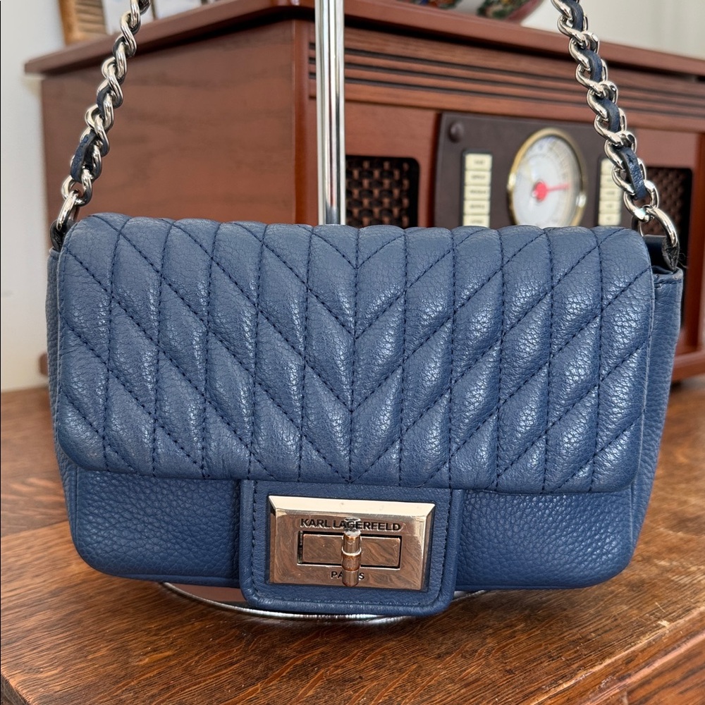 Karl Lagerfeld Paris Agyness crossbody in marine blue pebbled leather, EUC - Picture 2 of 13